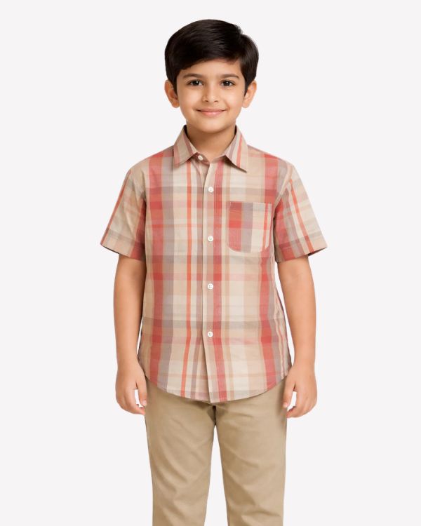 Peach Plaid Button-Down Shirt